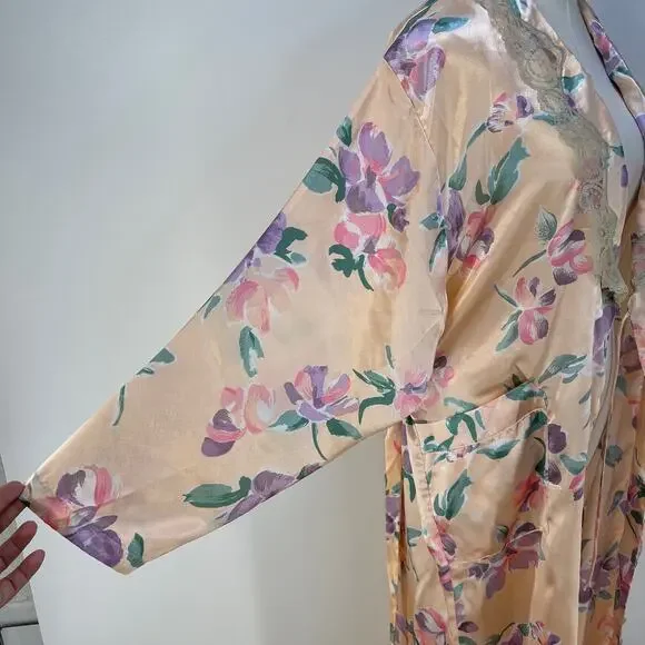 Victoria's Secret Long Printed Floral Pastel Pink Robe Vintage Gold Label